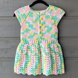Handmade Colorful Crochet Kids Dress Pink Yellow Green White